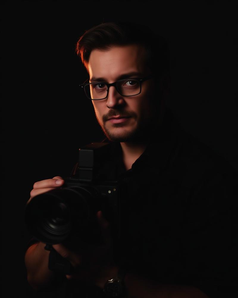 Creator holding a camera in a dark studio