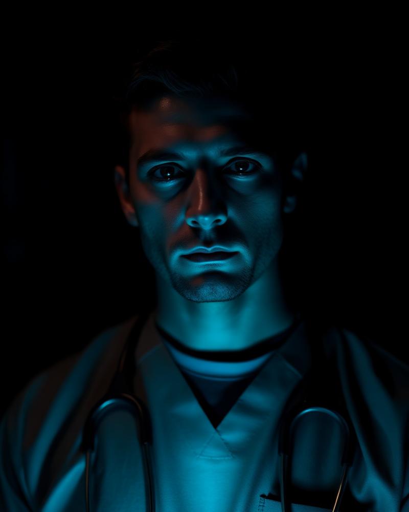 Doctor in scrubs under dim clinical light
